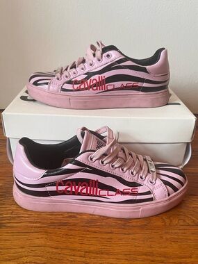 Cavalli Class Pink and Black Zebra-Print Low Top Sneakers